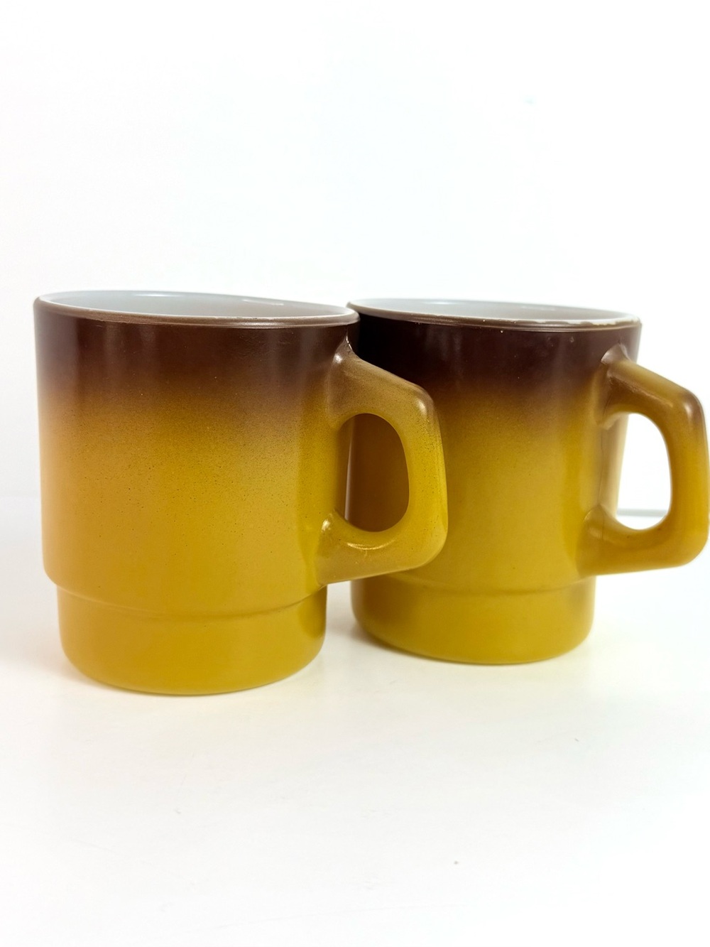 2Vtg Fire King Anchor Hocking Stackable Coffee Mug Yellow Brown Ombre Milk Glass